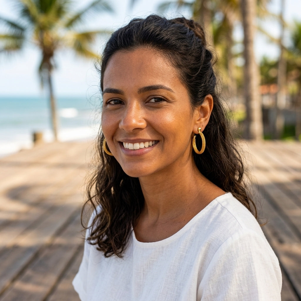 Boucles d'oreilles Embé en capim dourado portées par une femme à la plage au Brésil, ambiance estivale tropicale