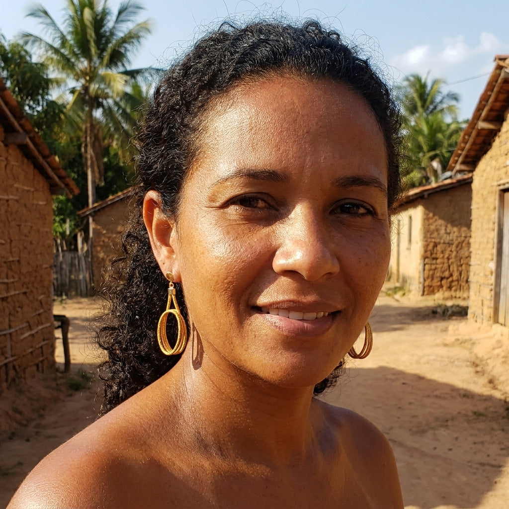 Boucles d'oreilles goutte tressée en capim dourado portées par une femme dans un village brésilien, ambiance authentique