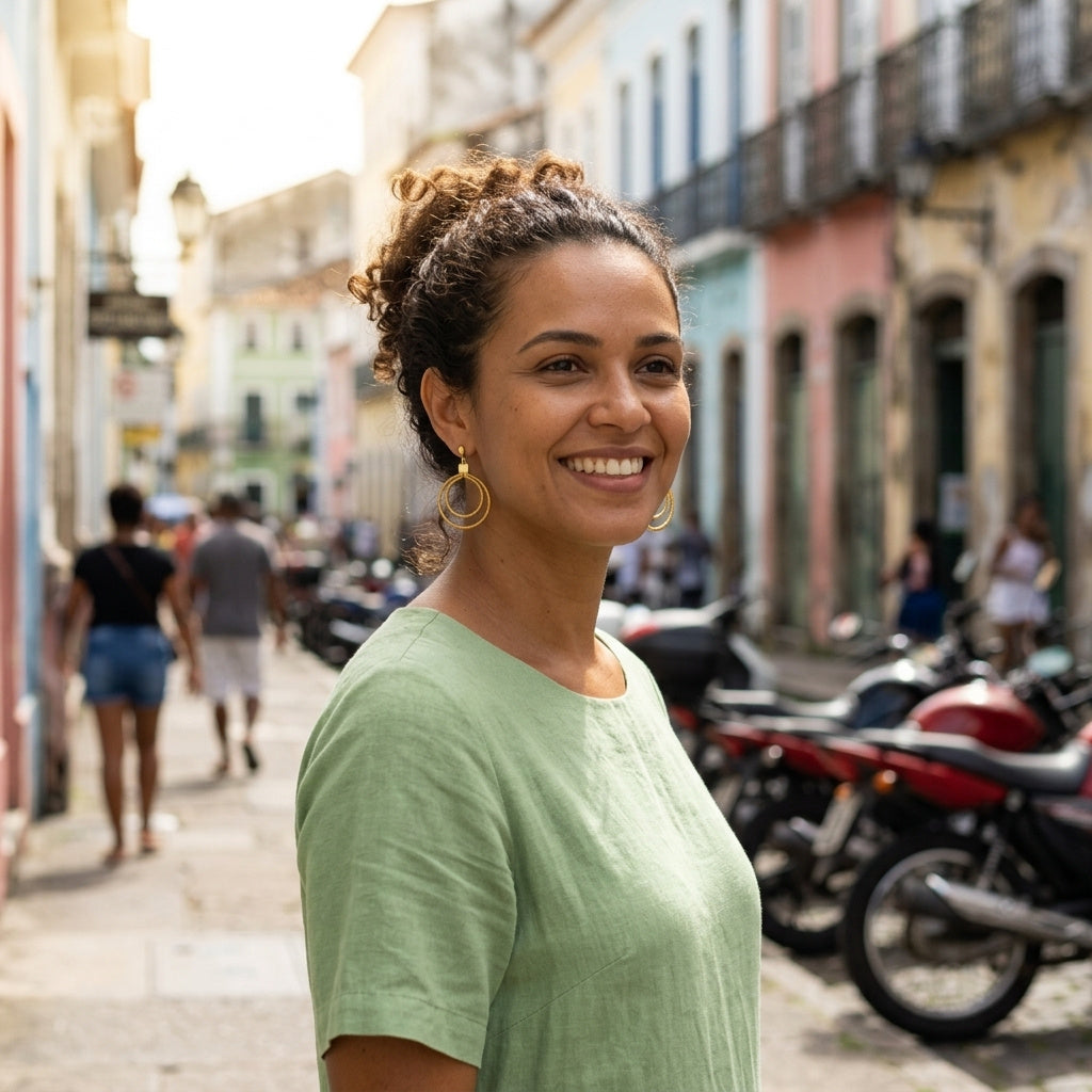 Boucles d'oreilles Nhambu en capim dourado portées par une femme dans une rue brésilienne, ambiance lifestyle estivale