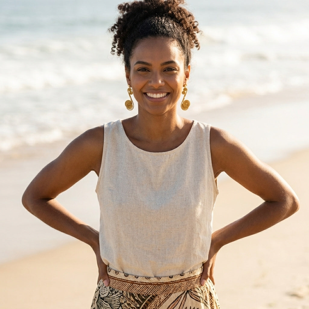Boucles d'oreilles Tapajós en capim dourado portées par une femme à la plage au Brésil, ambiance estivale